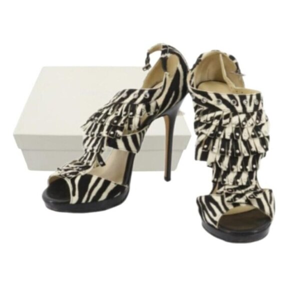 Jimmy Choo Black & White Zebra Print Mia Studs & Tassel Heels Sandals sz 37 US 7
